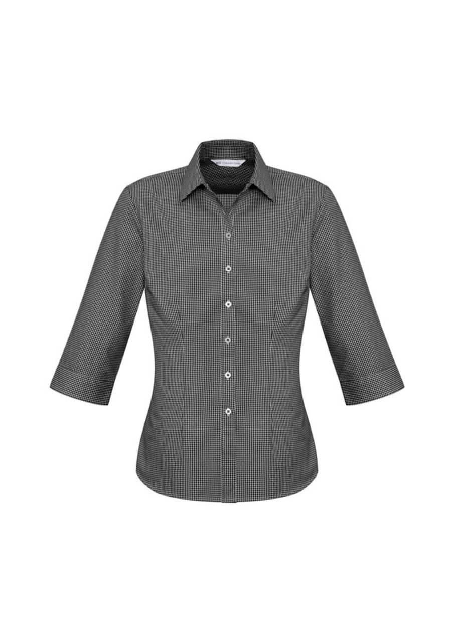 A women's button-up shirt in a black and white check pattern with 3/4 sleeves and a fitted design.