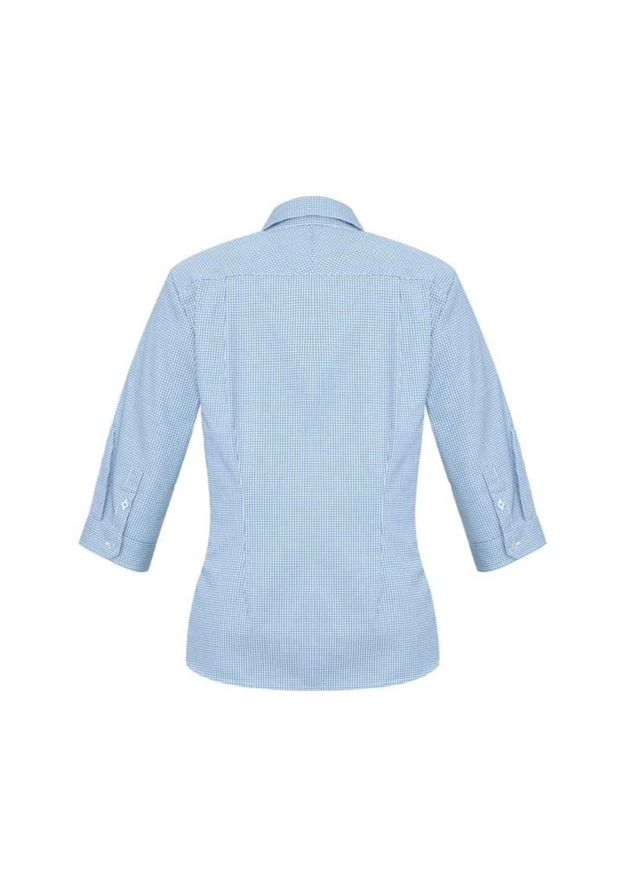 A blue check-patterned women's button-up shirt with 3/4 sleeves and a collar, featuring a logo.