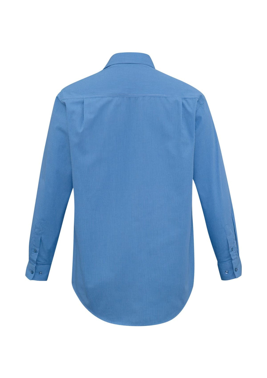 A blue long sleeve button-up shirt with a micro check pattern and a logo on the back.