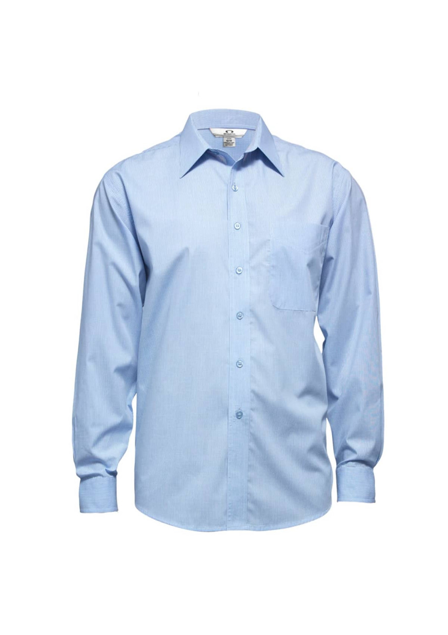 A light blue long sleeve button-up shirt with a pocket and a logo on the collar.