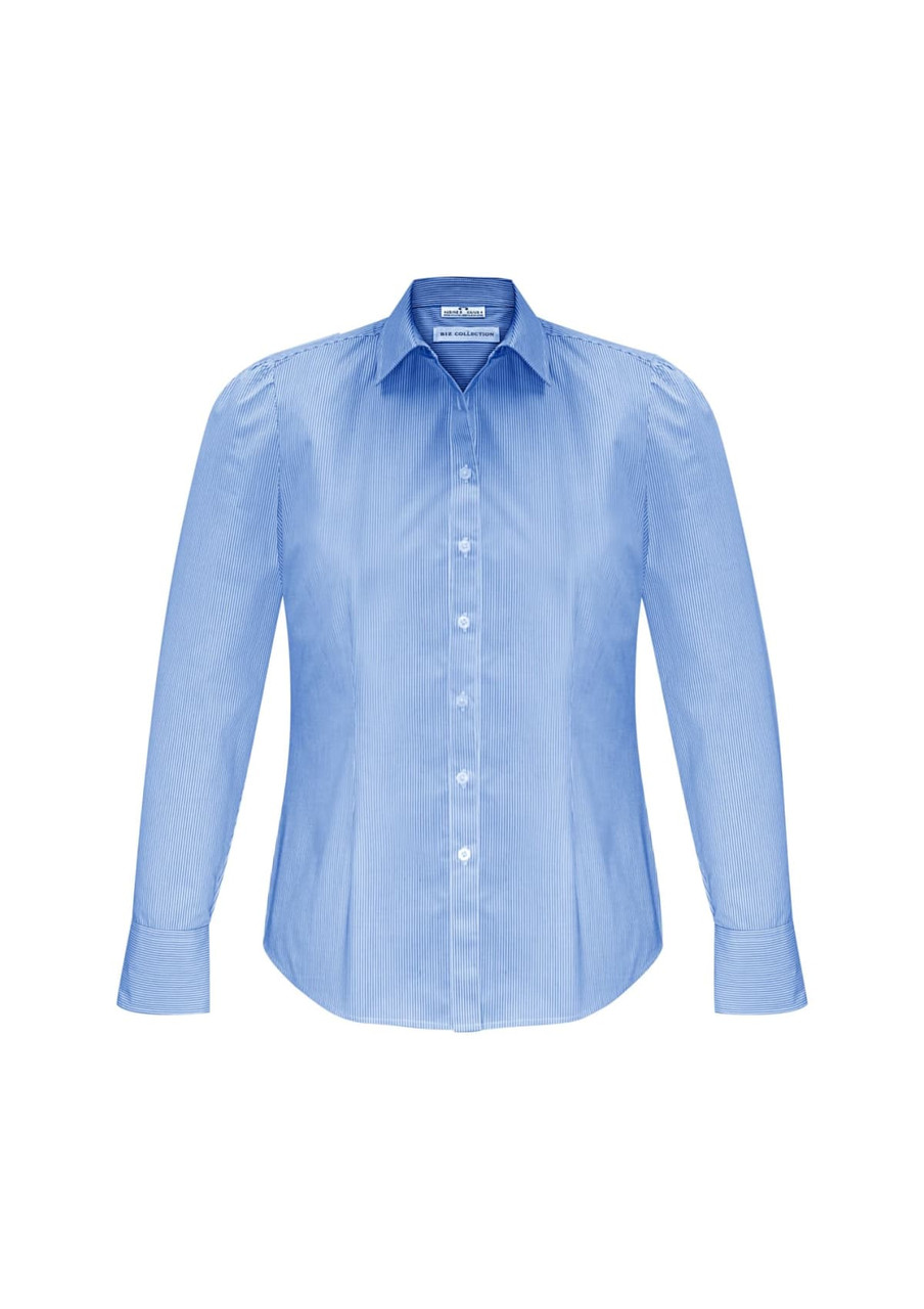A blue long sleeve button-up shirt with a striped pattern and a collar. The shirt features a logo on the label.