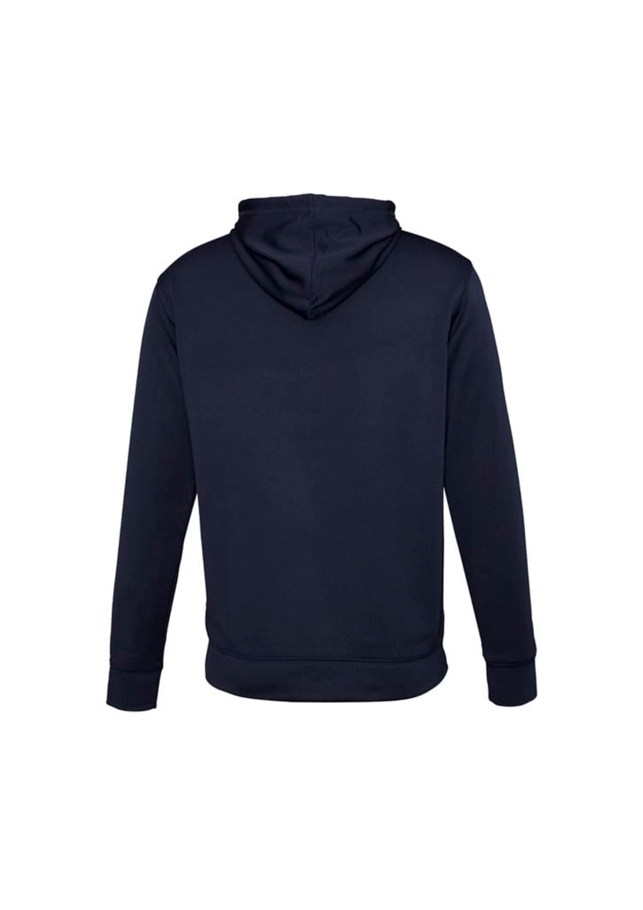 A men's hoodie in navy blue, featuring a hood and long sleeves, with a logo on the back.