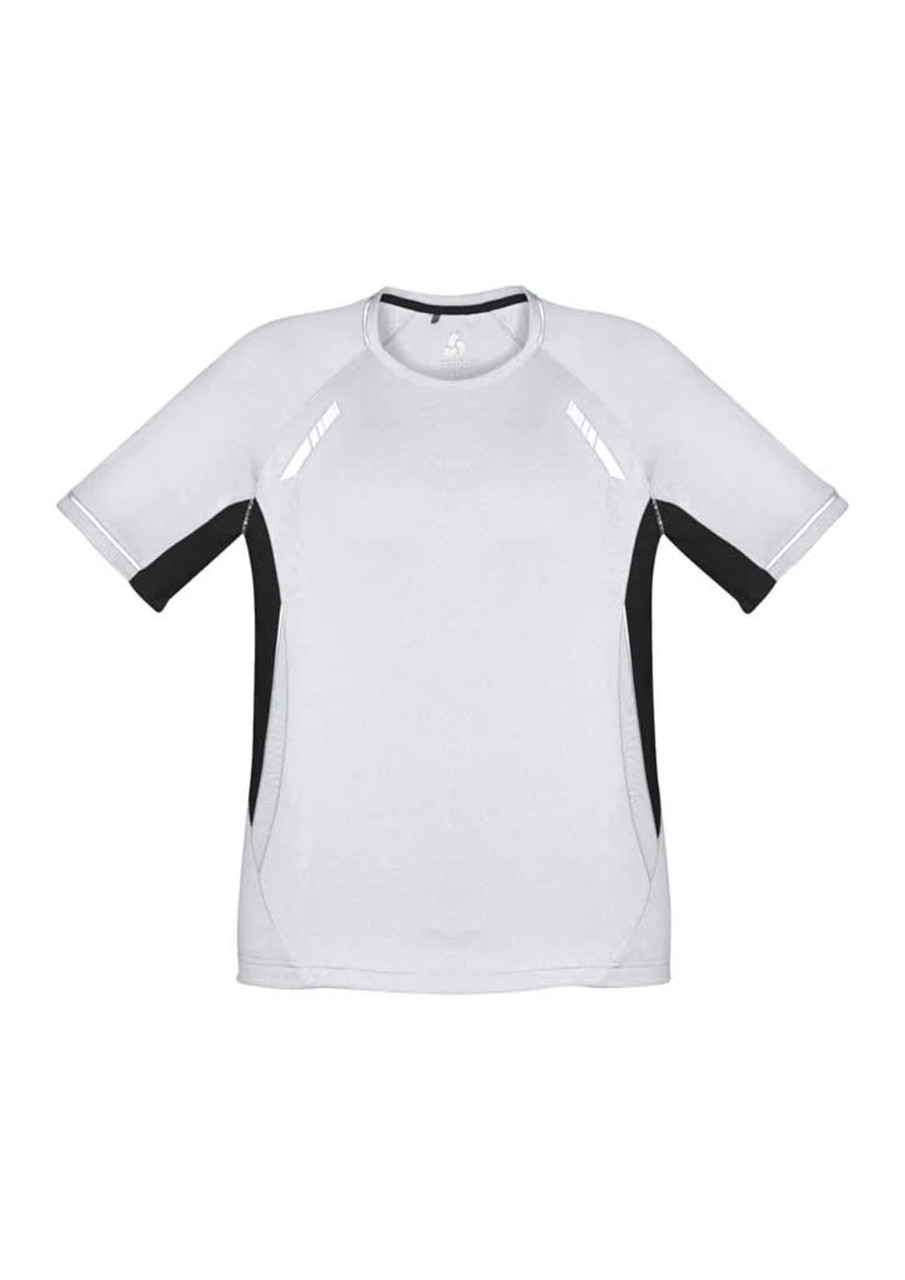 A short sleeve tee in light grey with black accents and reflective details, featuring a logo.