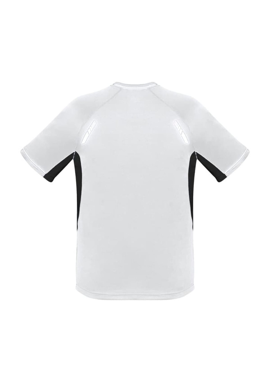 A short sleeve tee featuring a white body with black accents and a logo on the back.