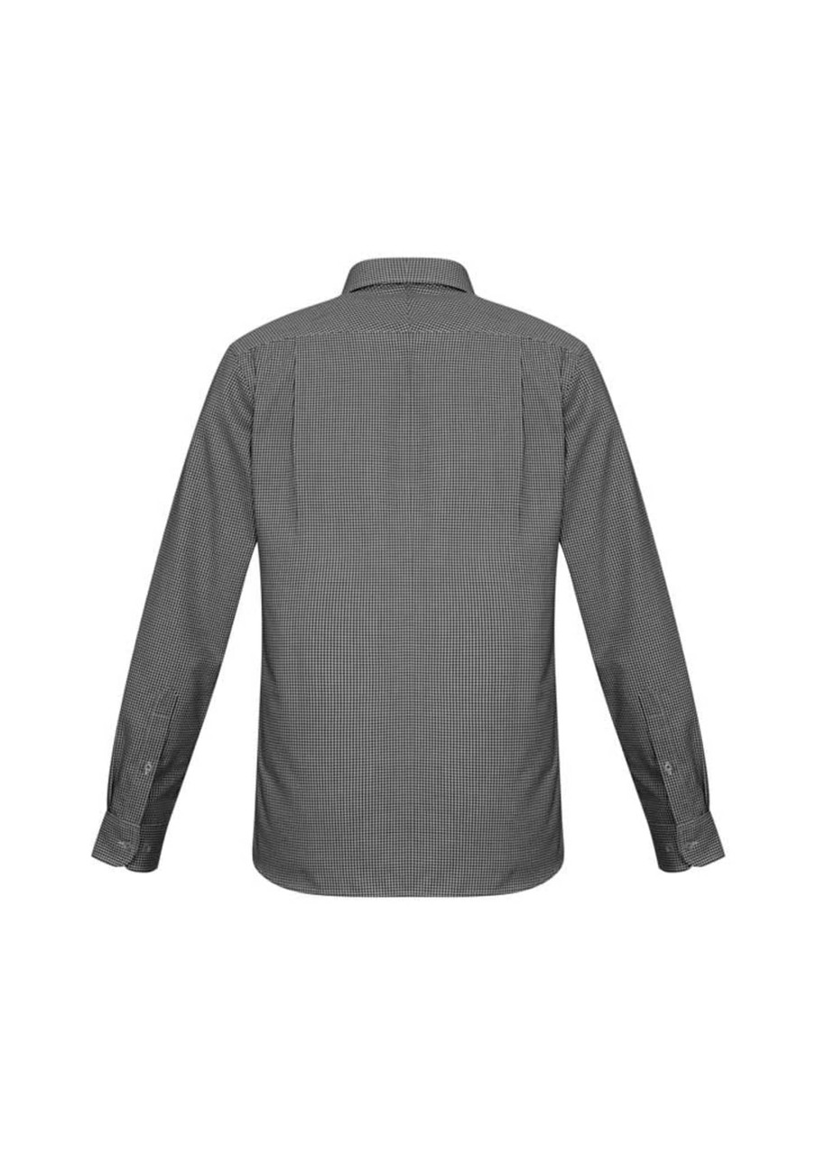 A long sleeve button-up shirt featuring a black and white striped pattern, with a collar and button cuffs.