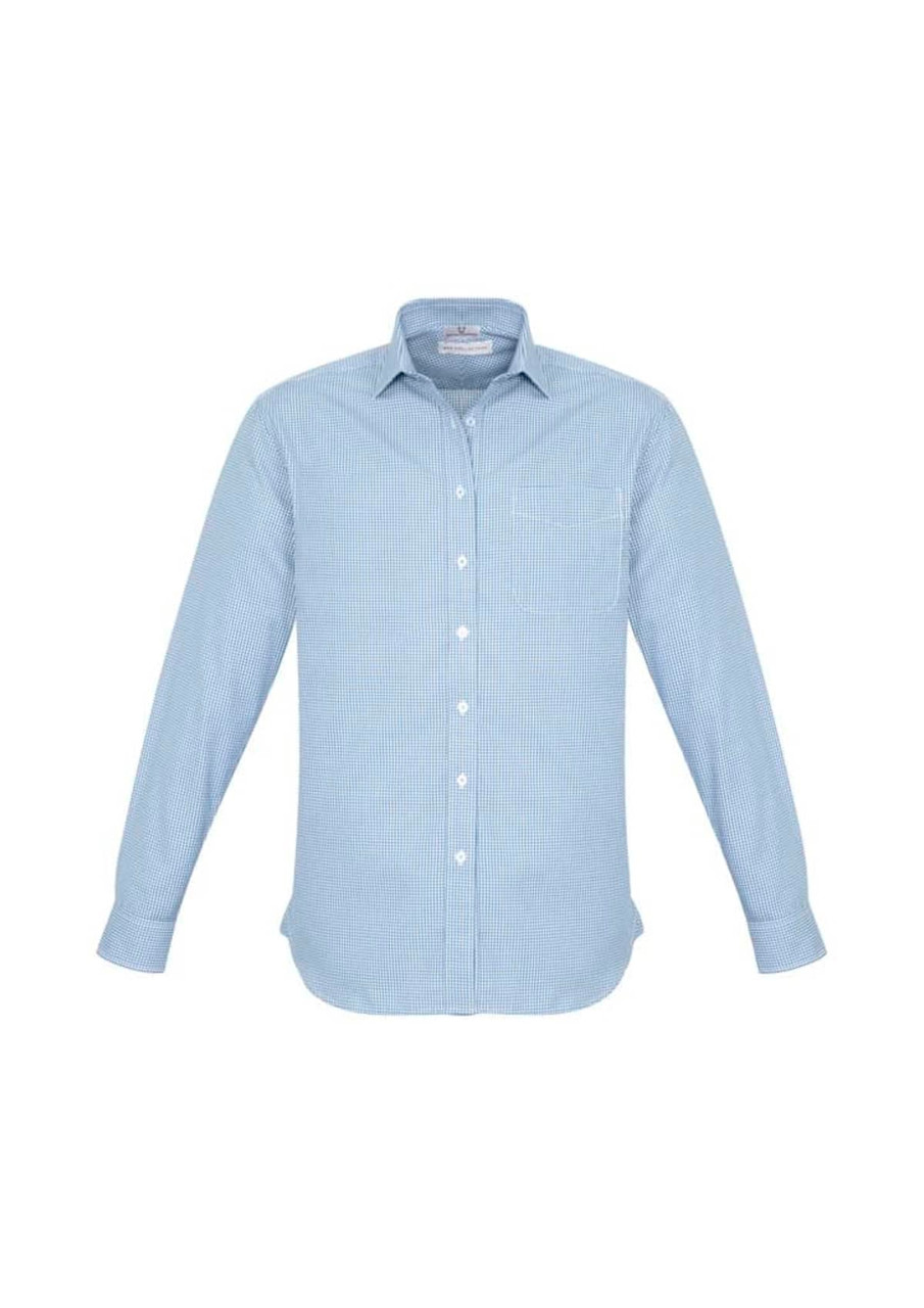 A light blue, striped long sleeve button-up shirt with a collar and a logo.