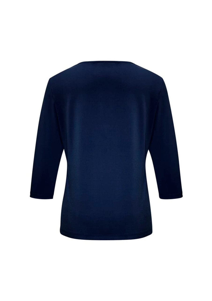 A navy women's 3/4 sleeve top with a simple design and a smooth fabric finish, featuring a logo on the back.