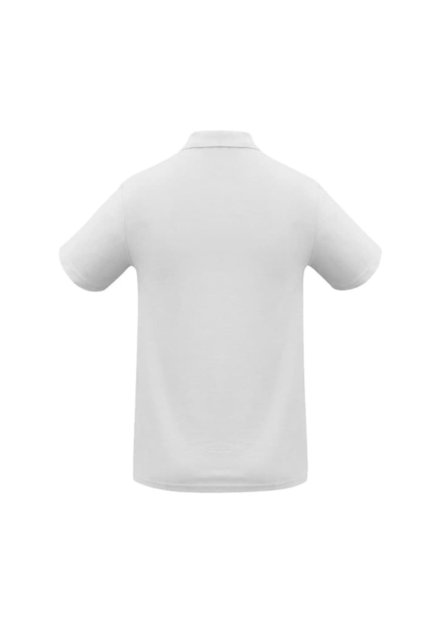 A white polo shirt featuring a collar and short sleeves, with a logo on the back.