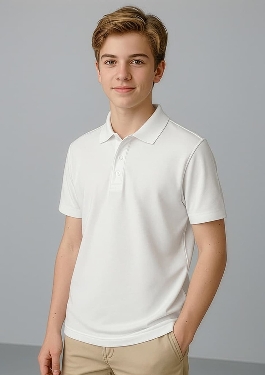 A short sleeve polo shirt in white, featuring a polo collar and a logo on the chest.