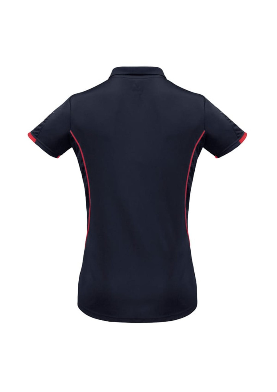 A navy blue women's short sleeve polo shirt with red accents and a branded logo.