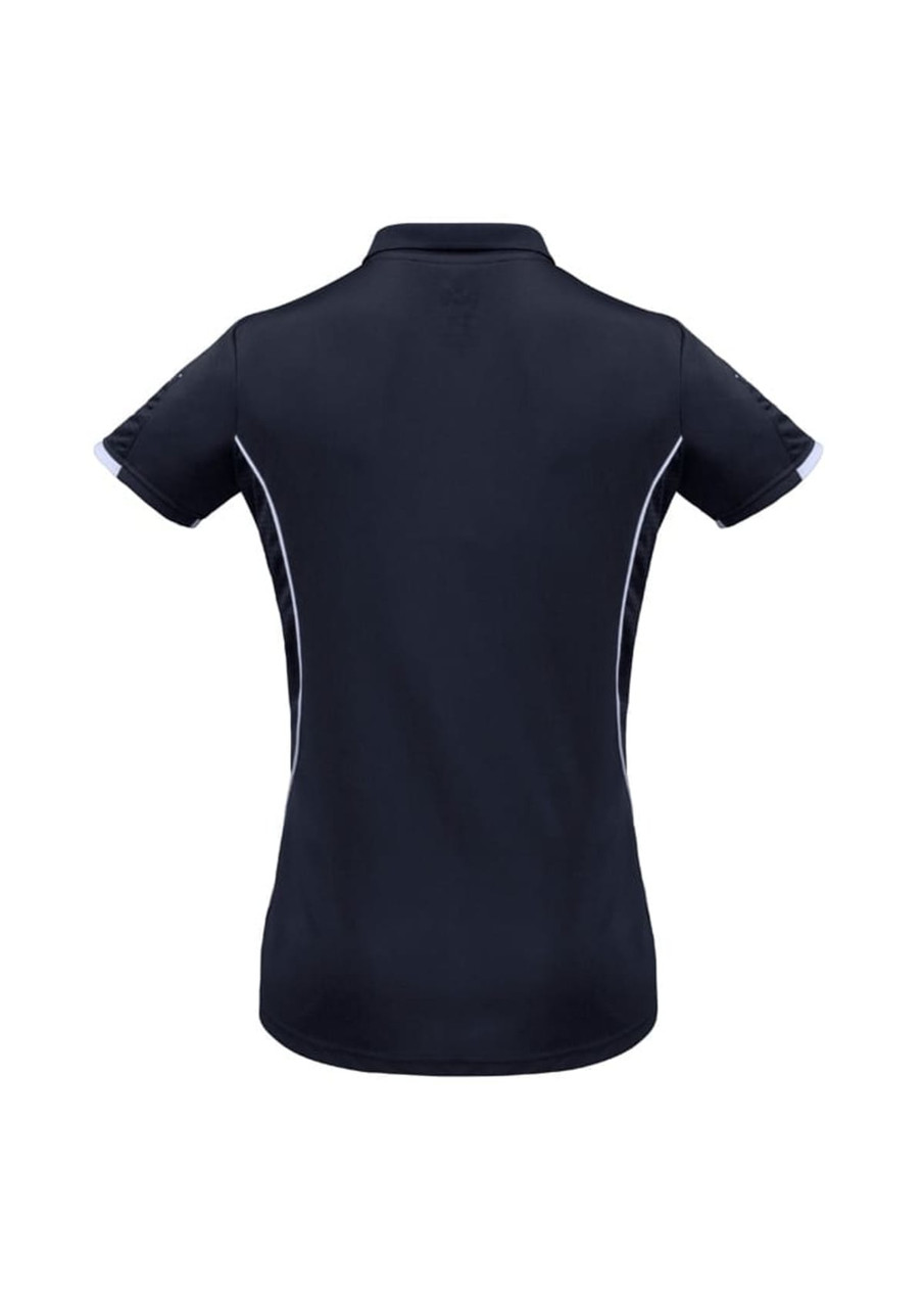A women's short sleeve polo shirt in navy blue with contrast detailing and a logo on the left side.