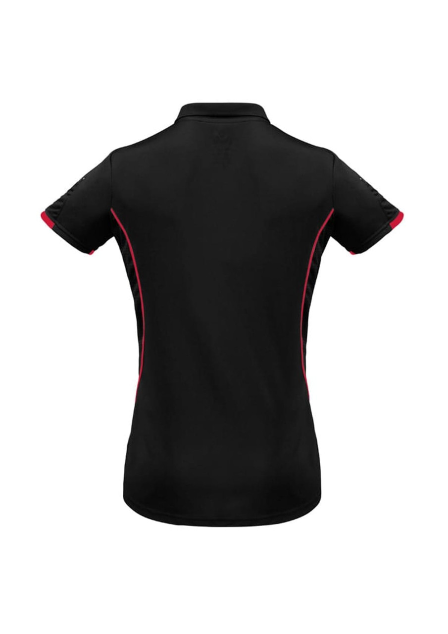 A short sleeve polo shirt in black with pink accents and a logo on the side.