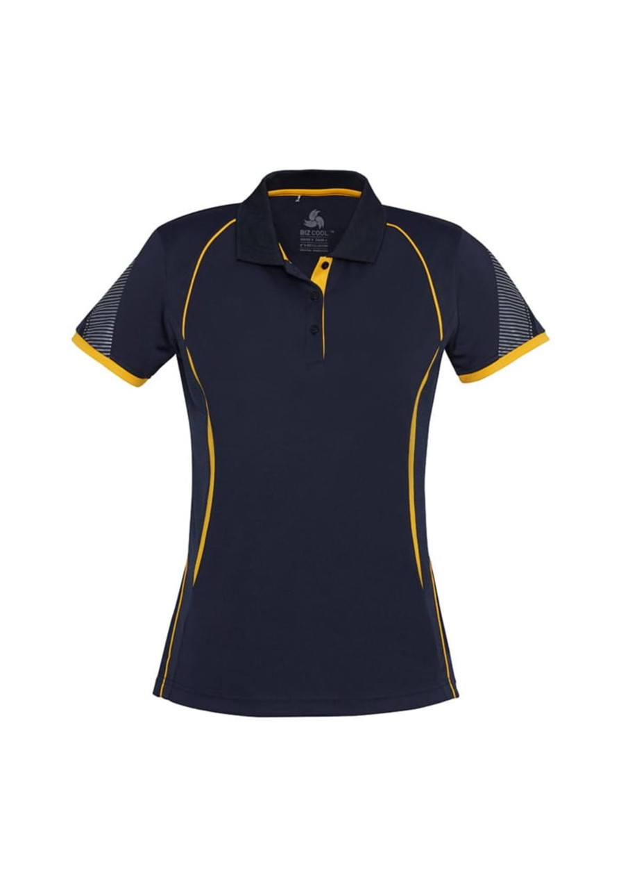 A women's short sleeve polo shirt in navy blue with yellow accents and a logo on the front.
