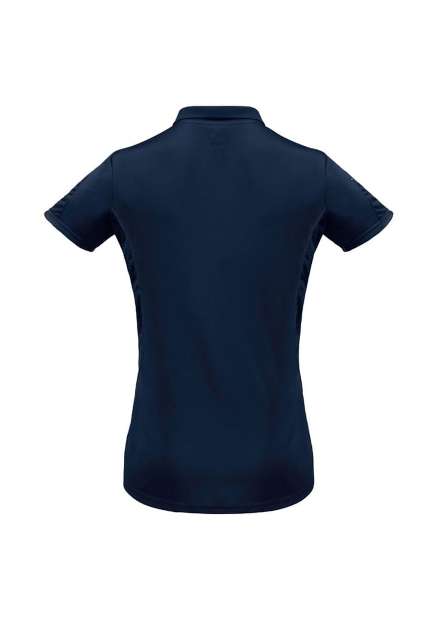 A women's short sleeve polo shirt in navy blue, featuring a back view with subtle design details and a logo.