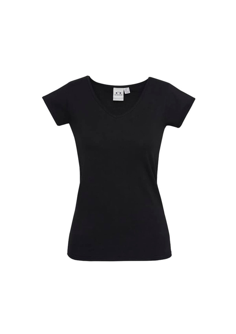 A black women's short sleeve tee with a V-neck design and a fitted silhouette. It features a logo.