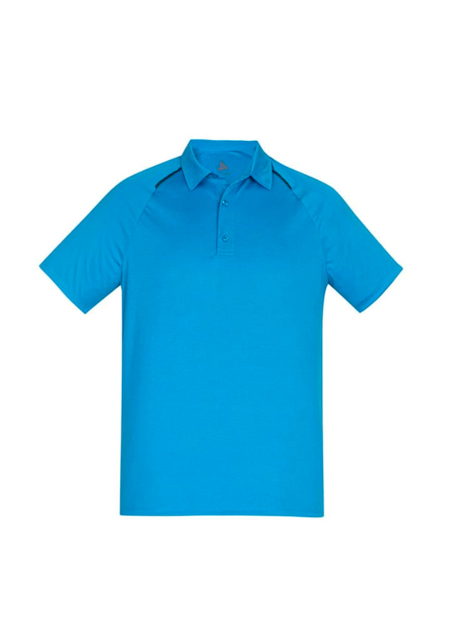 A blue men's short sleeve polo shirt featuring a collar and contrast detail, with a logo on the chest.