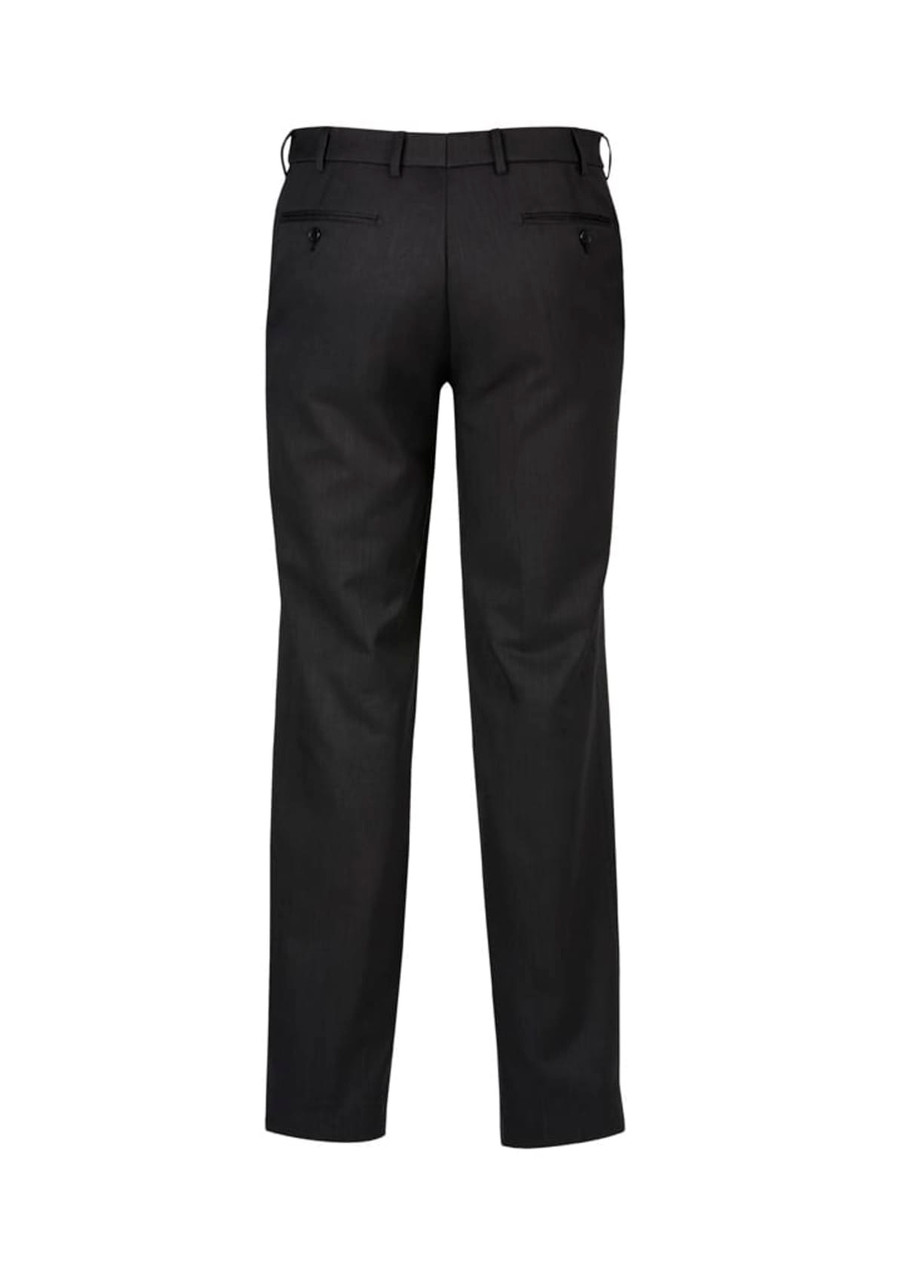 A pair of black flat front men's slacks featuring a sleek design and back pockets.