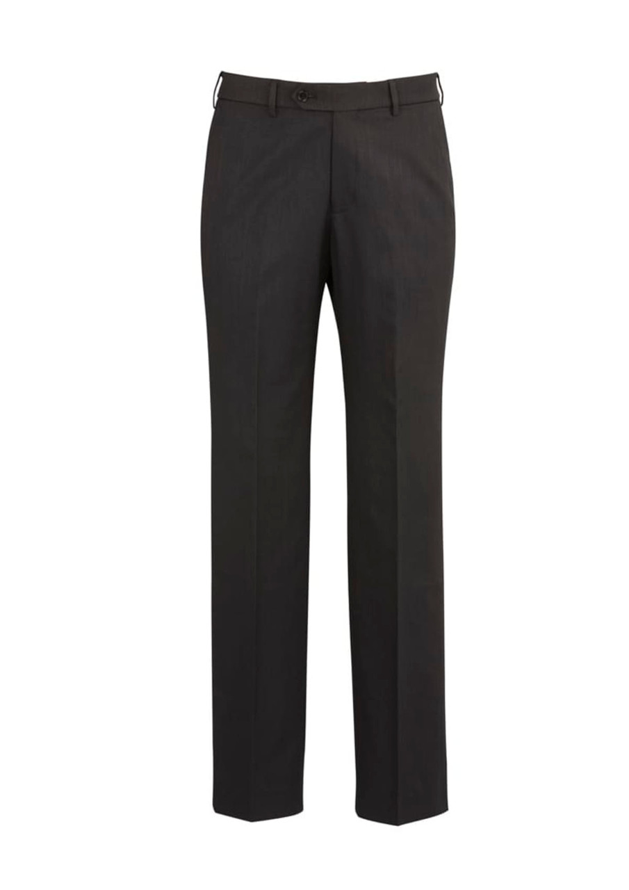 A pair of black flat front slacks featuring a sleek design and a logo on the waistband.