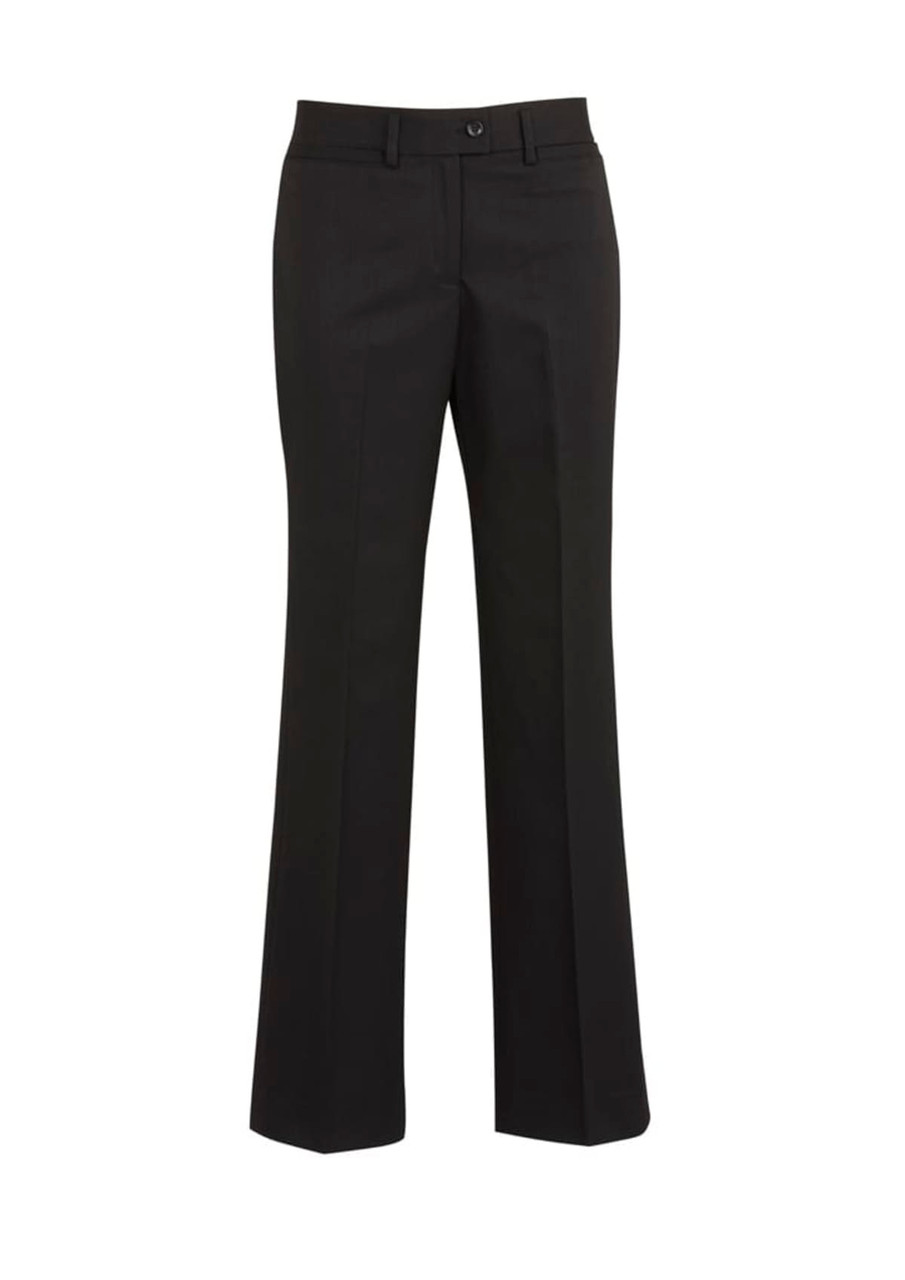 A pair of black relaxed pants with a flared design, featuring a waistband and pockets. The product has a logo.