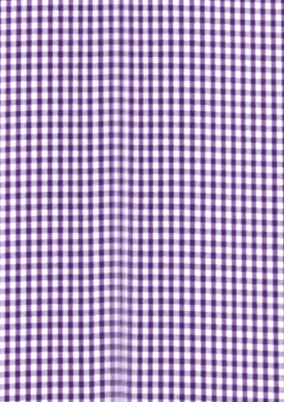 A checkered fabric featuring a purple and white gingham pattern. The design consists of small squares.