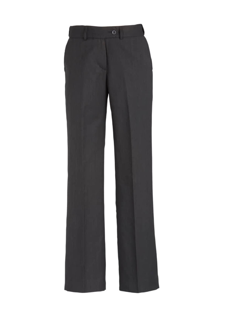 Grey women's adjustable waist slacks with a straight leg style, featuring pockets and a button closure.