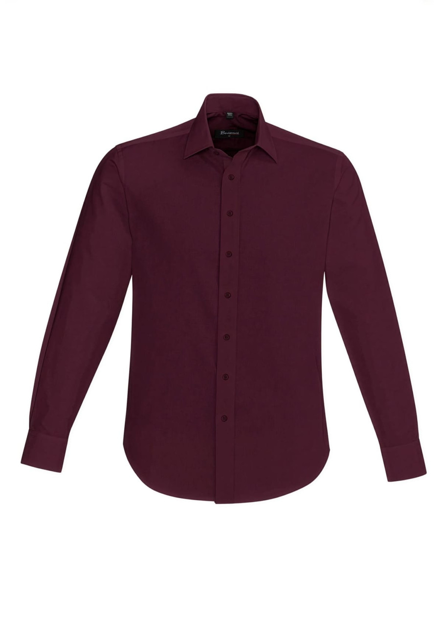 A burgundy long sleeve button-up shirt with a collar and one logo.