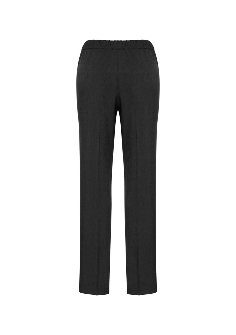 A pair of black women's slacks with an elastic waistband, featuring a smooth, straight-leg design.
