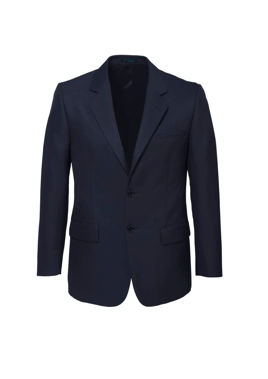 A navy blue men's classic jacket with a two-button front, notched lapels, and pockets. Features a branding logo.