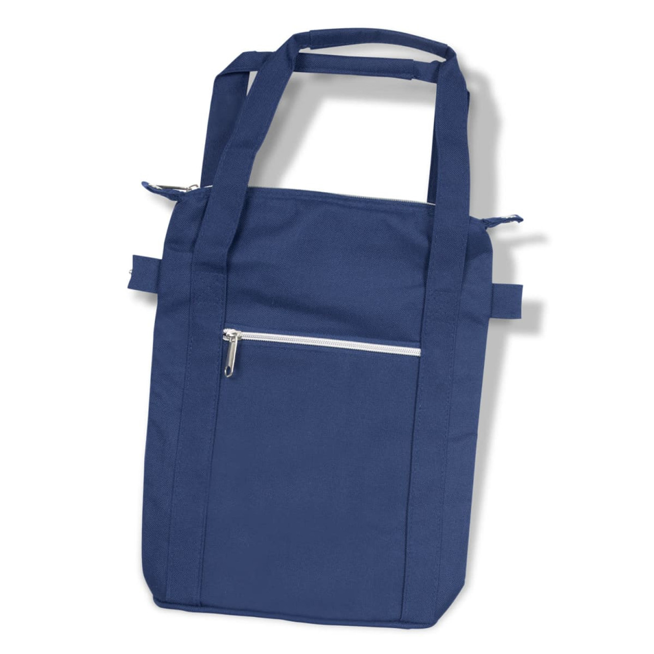 A navy blue wine cooler bag with dual handles and a front zip pocket. The bag has a simple, minimalist design. A navy blue wine cooler bag with dual handles and a front zip pocket. The bag has a simple, minimalist design.