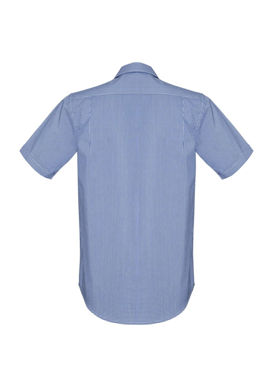 A short sleeve button-up shirt in blue with a checkered pattern, featuring a rear view design.