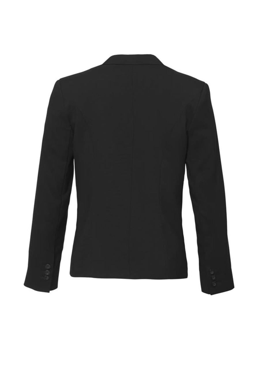 A black women's short jacket featuring a reverse lapel and long sleeves, with button details on the cuffs.
