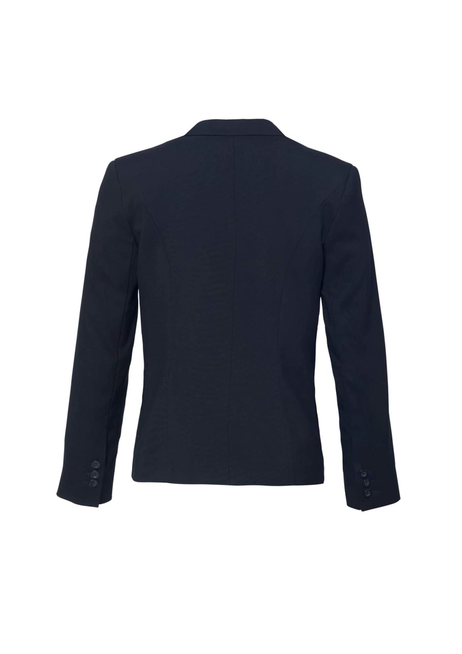 A women's black short jacket with a reverse lapel and long sleeves, featuring a buttons detail on the sleeves.