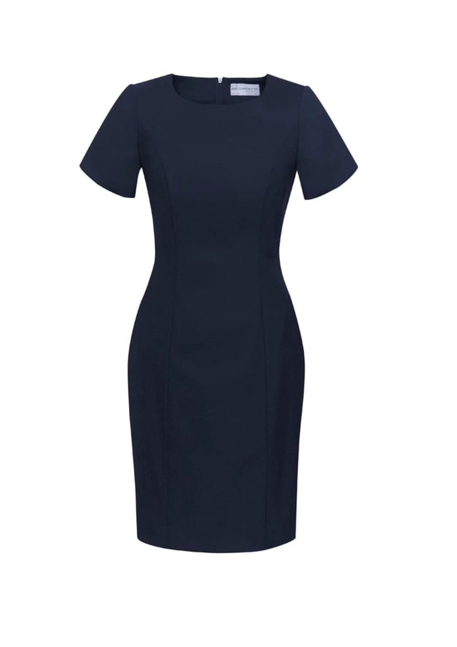 A fitted navy short sleeve shift dress with a round neckline and a back zipper. Features a logo on the label.