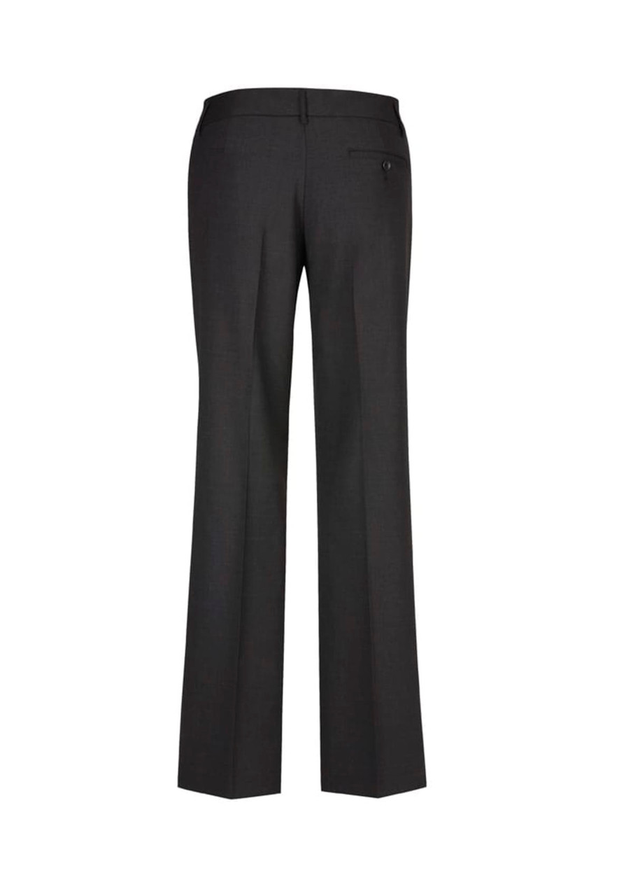 A pair of women's relaxed fit slacks in dark grey, featuring a back pocket and a tailored design.
