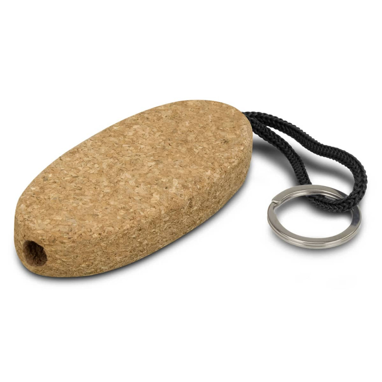 A cork key ring with a black strap and metal keyring, featuring an oval shape and natural colour.