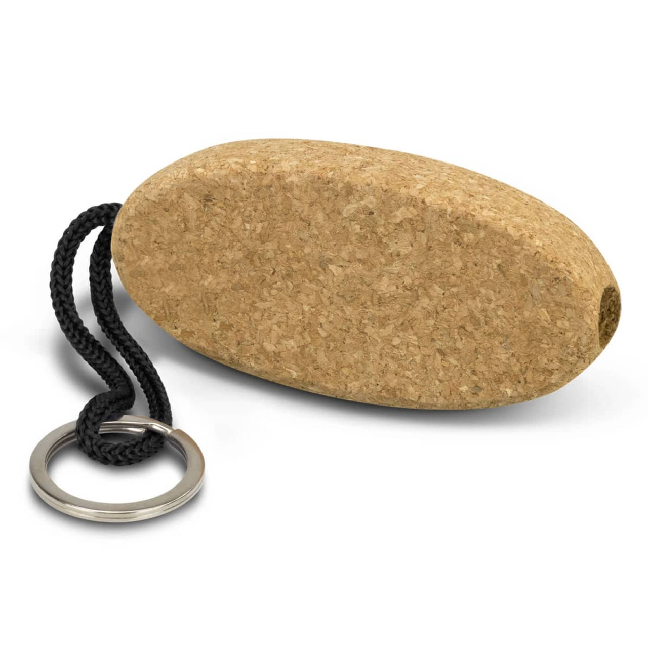 A cork floating key ring in a natural beige colour, featuring a black nylon strap and a metal keyring.