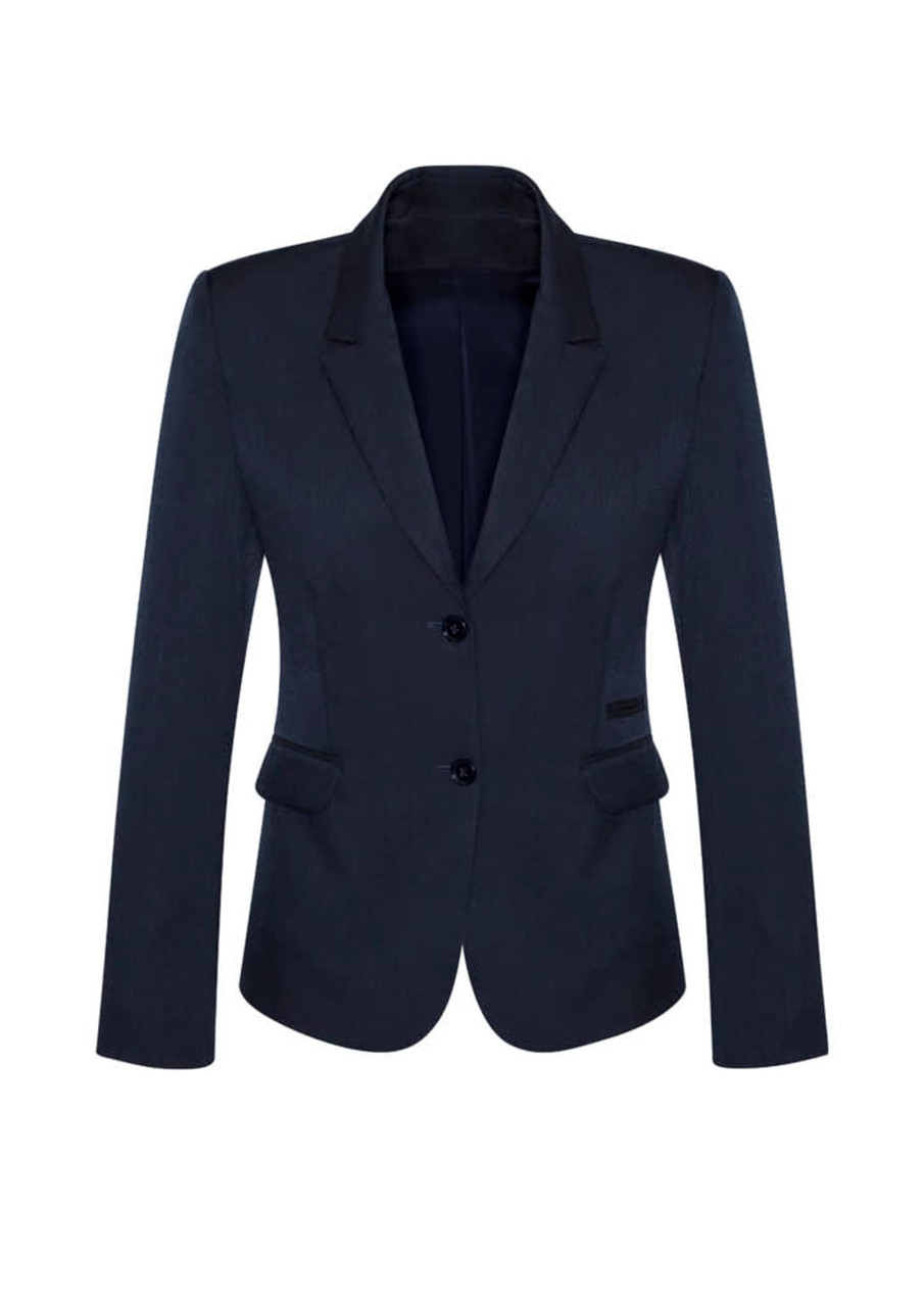 A navy women's mid-length jacket with a two-button closure and a fitted silhouette. Features a branded logo.