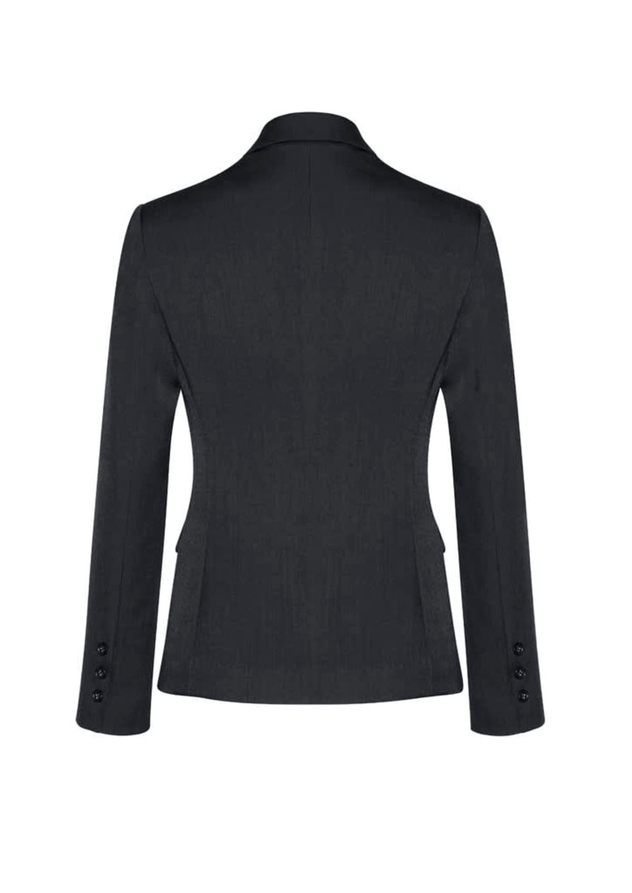 A black mid-length women's blazer featuring a two-button front and button detailing on the sleeves.