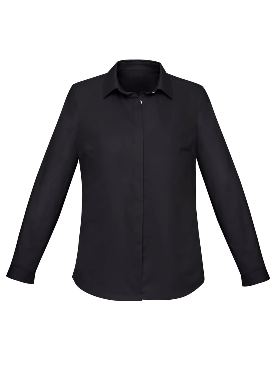 A black long sleeve button-up shirt for women with a collar and a front placket. Includes a logo.