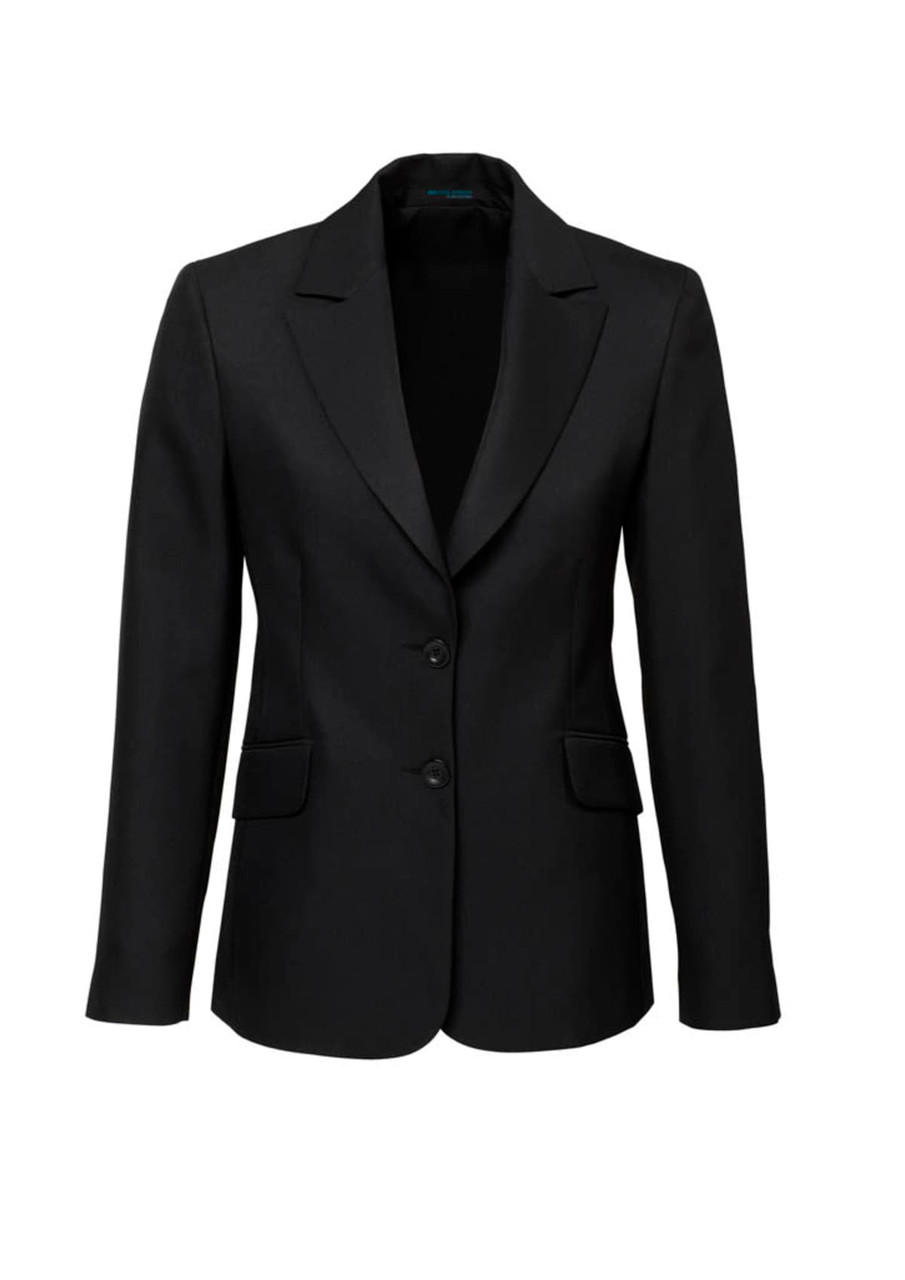 A black longline women's jacket with a blazer style, featuring two buttons and front pockets. It has a logo.