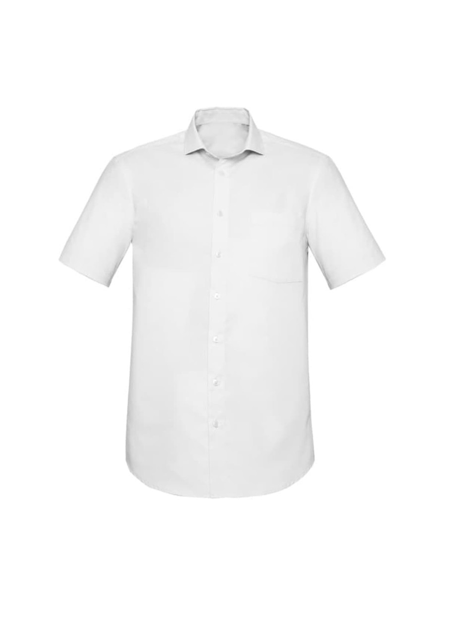 A white short sleeve button-up shirt featuring a single pocket and a classic fit design.