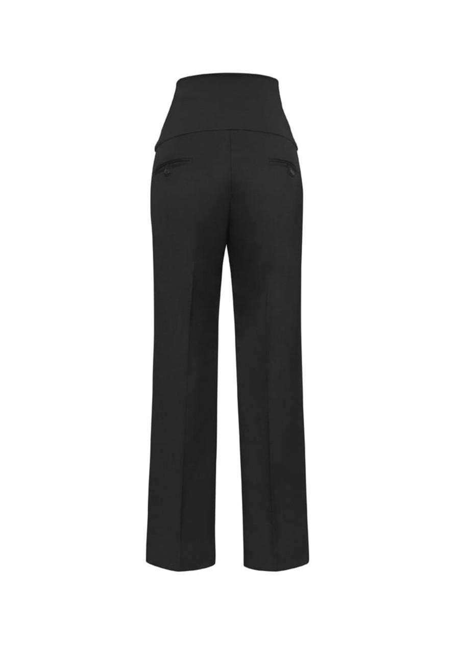A pair of black women's maternity pants featuring a high waist and a sleek back design with pockets.