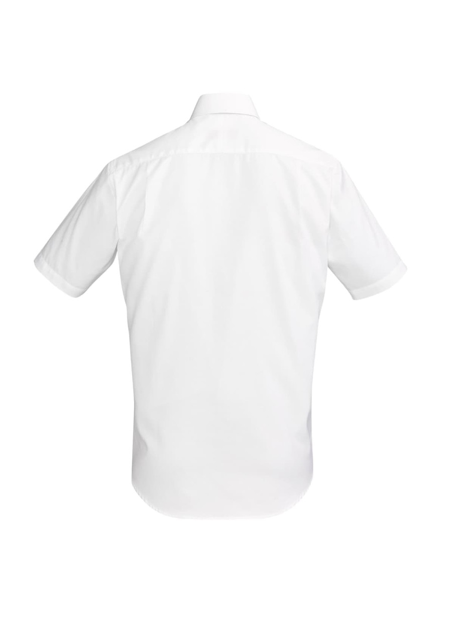A white short sleeve button-up shirt with a classic collar and a logo on the back.