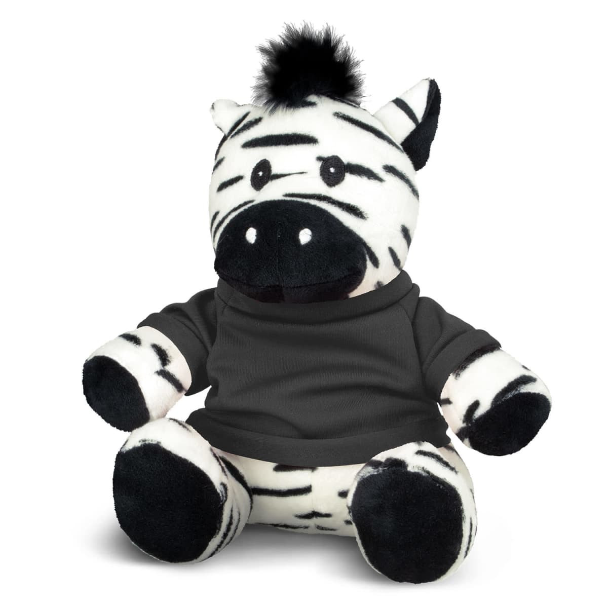 A plush zebra toy with black and white stripes, wearing a grey shirt, featuring a black tuft on its head.