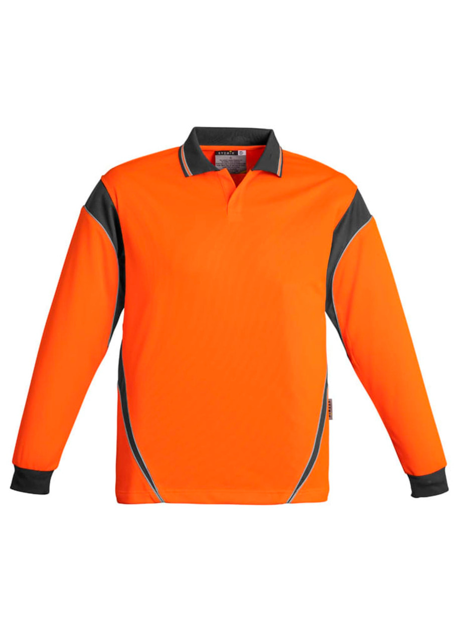 An orange long sleeve polo shirt with grey accents and a collar, featuring a logo. Suitable for workwear applications.