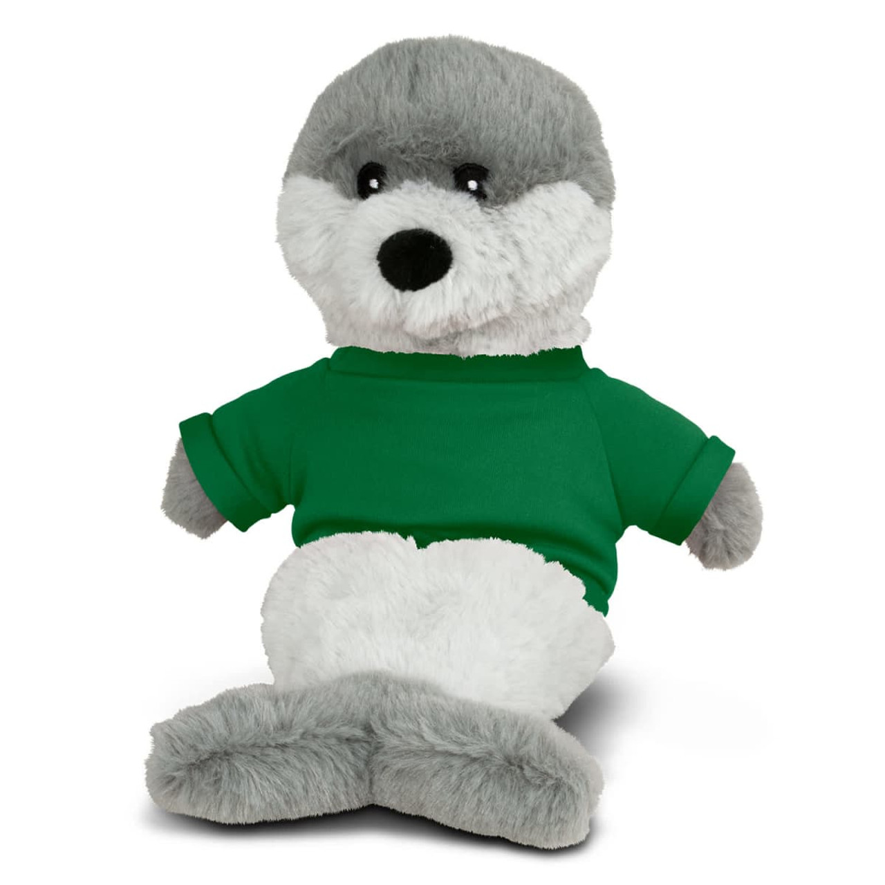 A plush seal toy with grey and white fur, wearing a green shirt, sitting upright. It has a sweet and friendly appearance.