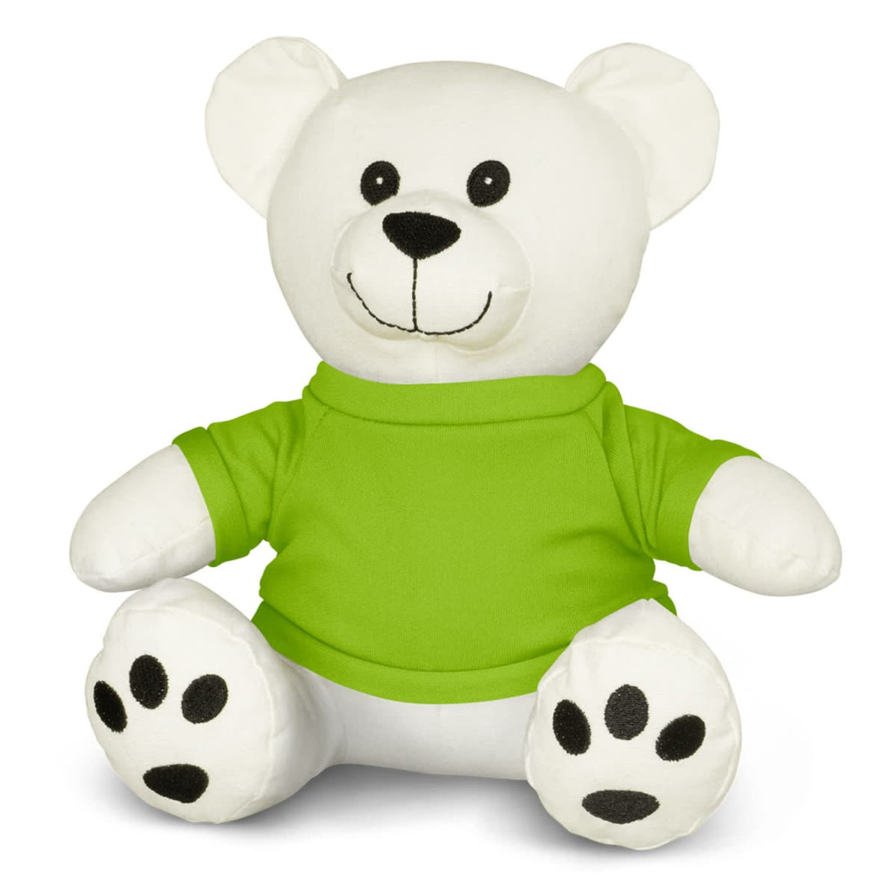 A white plush bear toy wearing a green shirt, featuring black paw prints on its feet and a friendly smile. A white plush bear toy wearing a green shirt, featuring black paw prints on its feet and a friendly smile.