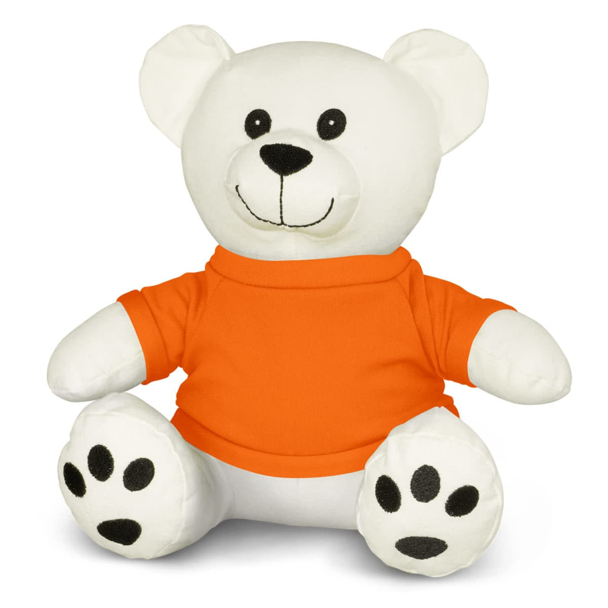A white plush bear wearing an orange shirt, featuring black paws and a smiling face. It has a logo on the shirt.