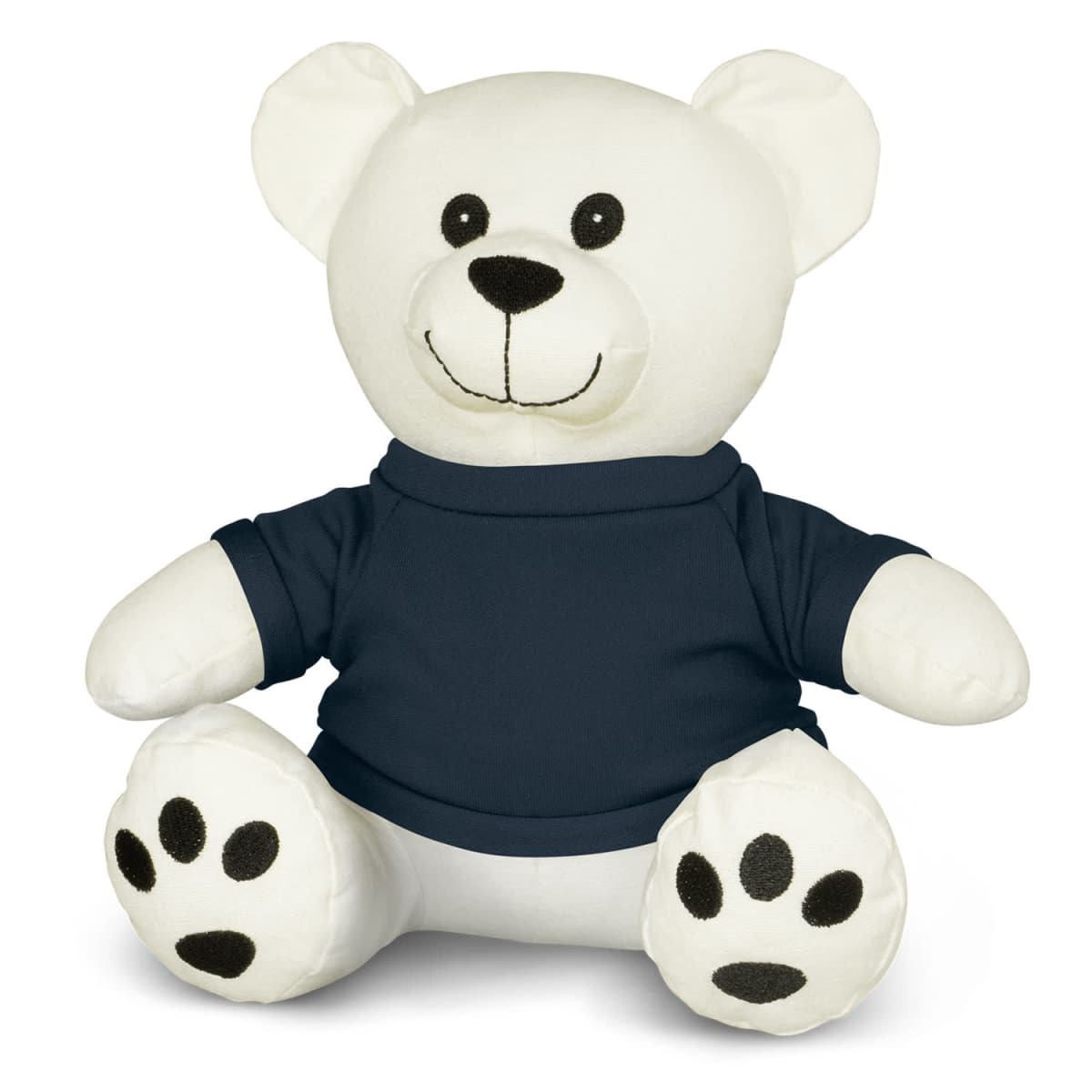 A white plush bear toy with a smiling face, wearing a navy blue shirt and black paw prints on its feet.
