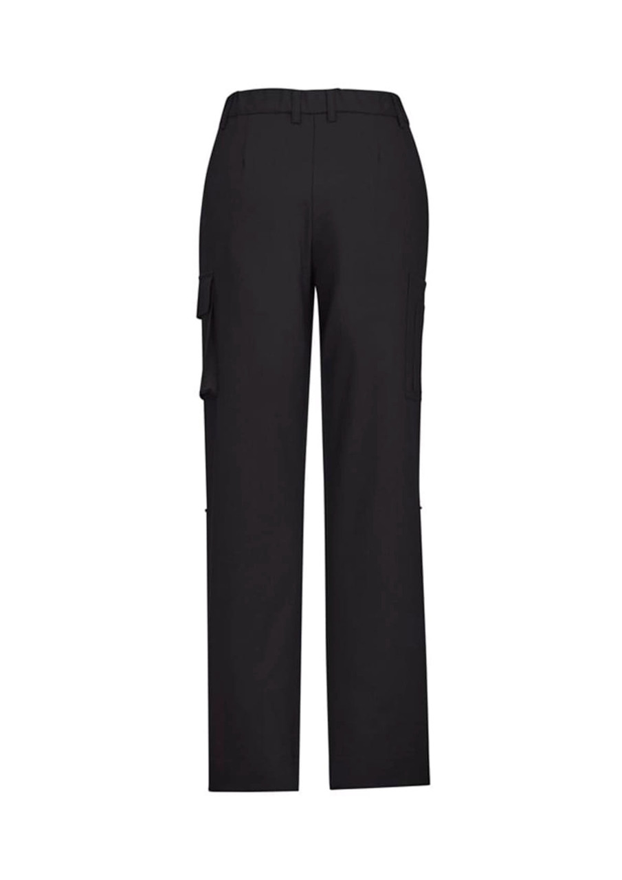 A pair of black women's cargo pants featuring a comfort waist design and side pockets. Includes a logo.